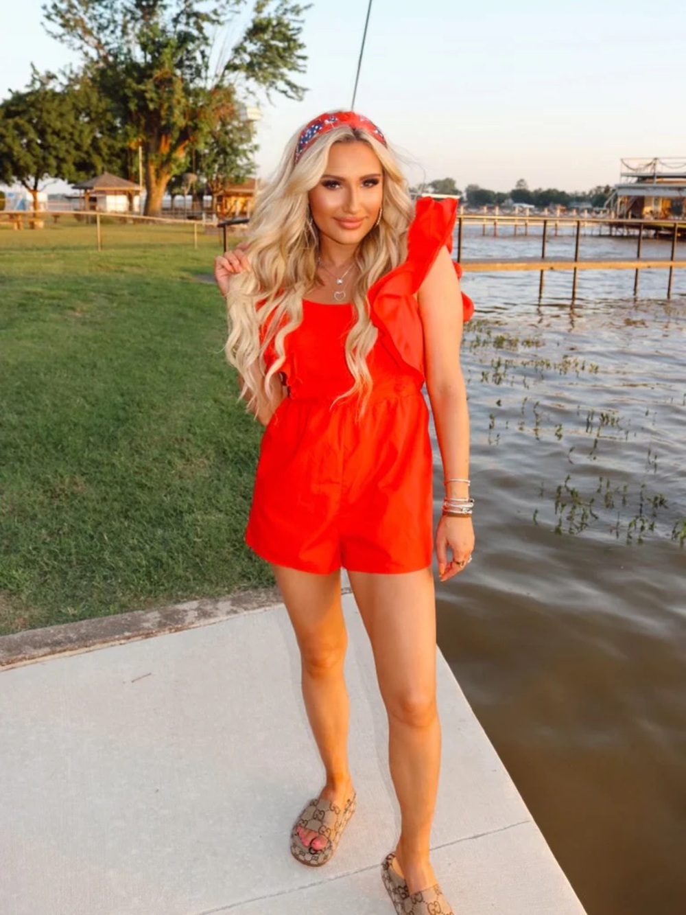 Bright Red Ruffle-Sleeve Romper